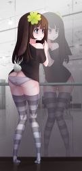 Rule 34 | 1girl, :&lt;, absurdres, artist name, ass, black shirt, black thighhighs, brown hair, butt crack, clover, dark yaoi, feet, floor, four-leaf clover, from behind, full body, gluteal fold, highres, indie virtual youtuber, indoors, kiyomi pyon-pyon, kneepits, knees together feet apart, long hair, looking to the side, mirror, oversized clothes, panties, rabbit ears, rabbit tail, railing, reflection, reflective floor, shirt, skindentation, solo, striped clothes, striped thighhighs, t-shirt, thighhighs, underwear, virtual youtuber, wall, white panties, white thighhighs