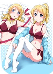 Rule 34 | 1girl, ayase eli, bare shoulders, blonde hair, blue eyes, blue jacket, blush, bra, breasts, cleavage, collarbone, hair down, highres, jacket, large breasts, lingerie, long hair, looking at viewer, love live!, love live! school idol project, lying, multiple views, nail polish, navel, on back, open clothes, open jacket, panties, polka dot, polka dot background, ponytail, red bra, red panties, red ribbon, ribbon, scrunchie, side-tie panties, sitting, smile, thighhighs, underwear, white thighhighs, yopparai oni