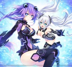 Rule 34 | 10s, 2girls, :d, aqua eyes, armpits, bare shoulders, black heart (neptunia), black legwear, blue eyes, blush, boots, braid, breasts, center opening, cleavage, cleavage cutout, clothing cutout, covered navel, dengeki, elbow gloves, emblem, expressionless, female focus, floating hair, from side, gloves, glowing, gradient background, grey legwear, hair between eyes, hair ornament, halterneck, high heels, hip focus, kami jigen game neptune v, large breasts, leaning forward, leg lift, leotard, light particles, logo, long hair, looking at viewer, magical girl, multiple girls, navel, neptune (neptunia), neptune (series), noire (neptunia), official art, open mouth, outstretched arms, power symbol, power symbol-shaped pupils, purple hair, purple heart (neptunia), sideboob, smile, spread arms, symbol-shaped pupils, thigh boots, thighhighs, tsunako, twin braids, twintails, vambraces, very long hair, watermark, white hair