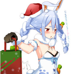 Rule 34 | 1girl, animal ear fluff, animal ears, armpits, blouse, blue hair, blush, braid, breasts, cleavage, commentary request, food-themed hair ornament, gloves, hair between eyes, hair ornament, hat, highres, hololive, long hair, looking away, multicolored hair, rabbit ears, rabbit girl, rabbit tail, red eyes, red hat, santa hat, scarf, shirt, simple background, sleeveless, solo, symbol-shaped pupils, thick eyebrows, twin braids, usada pekora, usada pekora (1st costume), virtual youtuber, white background, white shirt, zaxwu