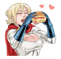 Rule 34 | 1girl, blonde hair, breasts, burger, cape, cleavage, cleavage cutout, clothing cutout, dc comics, closed eyes, food, heart, large breasts, lowres, open mouth, power girl, ricken, smile, solo, superhero costume, superman (series), transparent background, upper body