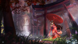 Rule 34 | 1girl, animal ears, black hair, blunt bangs, blurry, bridge, closed mouth, commentary request, depth of field, dew drop, floral print, flower, fog, fox ears, furisode, grass, hair flower, hair ornament, hime cut, holding, holding umbrella, irusu (kakimiira), japanese clothes, kimono, light rays, long hair, long sleeves, looking at viewer, looking to the side, obi, oil-paper umbrella, original, outdoors, parasol, print kimono, purple flower, red eyes, red flower, red kimono, red umbrella, river, rope, sash, scenery, shide, shimenawa, smile, standing, straight hair, torii, tree, umbrella, very long hair, water, water drop, waterfall, white flower, wide sleeves