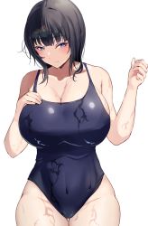 Rule 34 | 1girl, asaka karin, bare shoulders, black hair, blue eyes, blunt bangs, blush, breasts, cleavage, closed mouth, commentary request, covered navel, hands up, highres, large breasts, looking at viewer, love live!, love live! nijigasaki high school idol club, medium hair, mole, mole on collarbone, namazu (yamasonson), one-piece swimsuit, simple background, smile, solo, swimsuit, wet, white background