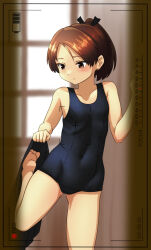 1girl against_wall battery_indicator blue_one-piece_swimsuit blue_skirt blush brown_eyes brown_hair covered_erect_nipples covered_navel dressing flat_chest groin hair_ribbon highres indoors kantai_collection old_school_swimsuit one-piece_swimsuit pleated_skirt ponytail ray.s recording ribbon school_swimsuit shikinami_(kancolle) skirt solo standing standing_on_one_leg sunlight swimsuit taking_picture viewfinder vignetting voyeurism window