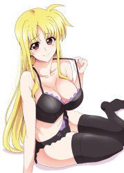 Rule 34 | 1girl, arm support, azumaya hironaru, black bra, black panties, black thighhighs, blonde hair, blush, bra, breasts, brown eyes, cleavage, closed mouth, collarbone, fate testarossa, large breasts, long hair, looking at viewer, lyrical nanoha, mahou shoujo lyrical nanoha strikers, panties, shiny clothes, simple background, sitting, solo, thighhighs, underwear, underwear only, white background