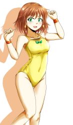 Rule 34 | 1girl, brown hair, casual one-piece swimsuit, d-m (dii emu), earrings, feet out of frame, fire emblem, fire emblem: path of radiance, green eyes, highres, jewelry, mist (fire emblem), nintendo, one-piece swimsuit, shadow, short hair, simple background, solo, swimsuit, white background, wristband, yellow one-piece swimsuit