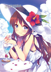Rule 34 | 10s, 1girl, bare shoulders, bikini, black bikini, blue eyes, blue sky, brown hair, closed mouth, cloud, cloudy sky, contrail, day, dress, drinking straw, ech, flower, halterneck, hat, hibiscus, ichinose shiki, idolmaster, idolmaster cinderella girls, long hair, looking at viewer, outdoors, petals, sky, smile, solo, sun hat, sundress, swimsuit, table, upper body, watch, white dress, white hat, wristwatch