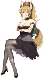 Rule 34 | 1girl, armlet, black collar, black dress, black nails, blonde hair, blue eyes, borrowed design, bowsette, bracelet, breasts, brooch, cleavage, collar, commentary request, crown, dress, earrings, fingernails, full body, grin, high heels, highres, horns, jewelry, large breasts, looking at viewer, mario (series), nail polish, new super mario bros. u deluxe, nintendo, pantyhose, pointy ears, sharp fingernails, sharp teeth, shibainu, sitting, skirt, smile, solo, spiked armlet, spiked bracelet, spiked collar, spiked shell, spiked tail, spikes, strapless, strapless dress, super crown, tail, teeth, torn clothes, torn pantyhose, torn skirt, tsurime, turtle shell, white background