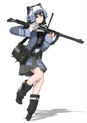 1girl absurdres bag belt black_eyes black_hair hat highres holding holding_weapon jacket leg_warmers looking_at_viewer nusisring_tactical pleated_skirt short_hair skirt socks standing standing_on_one_leg uma_atsku&#039;ama vectorek weapon