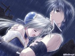 Rule 34 | 1boy, 1girl, black hair, closed eyes, collar, comforting, earrings, elbow gloves, emilia (vagrants), game cg, gloves, hairpods, hand on another&#039;s head, head rest, hetero, hug, jewelry, night, open mouth, outdoors, rain, silver hair, sion (vagrants), tears, vagrants, watermark, wet, yamamoto kazue