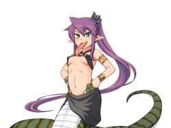 Rule 34 | 1girl, aged up, armlet, bare shoulders, black ribbon, black skirt, bmp-to-png conversion, bracelet, breasts, closed mouth, forked tongue, game cg, green eyes, green tail, hair between eyes, hair bobbles, hair ornament, hair ribbon, hands on own hips, high ponytail, jewelry, jingai modoki, lamia, light blush, long hair, long tongue, looking at viewer, medium breasts, mon-musu quest!, monster girl, navel, non-web source, o-ring, o-ring bottom, o-ring top, pointy ears, ponytail, purple hair, ribbon, sidelocks, simple background, skirt, slit pupils, solo, spoilers, stomach, striped tail, tail, teeny (mon-musu quest!), tongue, tongue out, transparent background, v-shaped eyebrows, v-shaped eyes, very long hair