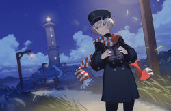 Rule 34 | 1other, ambiguous gender, binoculars, black pantyhose, blue coat, blue eyes, bridge, buttons, cloud, cloudy sky, coat, female service cap, highres, horizon, lamppost, lighthouse, looking afar, night, original, pantyhose, red scarf, scarf, scenery, short hair, silver hair, sky, solo, standing, striped clothes, striped scarf, timbougami, turtleneck