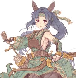 Rule 34 | 10s, 1girl, 7010, animal ears, arrow (projectile), asymmetrical clothes, asymmetrical sleeves, belt, black hair, bow (weapon), breasts, centaur, commentary, gloves, headband, horse ears, idolmaster, idolmaster cinderella girls, light smile, long hair, medium breasts, mizuno midori, monster girl, monsterification, muneate, parted lips, partially fingerless gloves, pink eyes, ponytail, quiver, sideboob, simple background, single sleeve, solo, taur, uneven sleeves, upper body, weapon, white background, wide sleeves