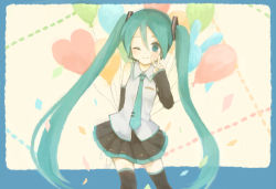 Rule 34 | 1girl, arm behind back, balloon, detached sleeves, green eyes, green hair, hatsune miku, headset, long hair, matching hair/eyes, mikanniro, necktie, one eye closed, skirt, smile, solo, thighhighs, twintails, v, very long hair, vocaloid, wink
