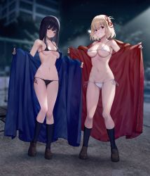 Rule 34 | 2girls, absurdres, armpits, bikini, bikini under clothes, black bikini, black hair, black socks, blonde hair, blue coat, blurry, blurry background, blush, breasts, closed mouth, coat, exhibitionism, full body, gluteal fold, grin, groin, hair ribbon, highres, holding, inoue takina, large breasts, long hair, looking at viewer, lycoris recoil, medium breasts, medium hair, micro bikini, multiple girls, navel, night, nishikigi chisato, open clothes, open coat, outdoors, public indecency, purple eyes, red coat, red eyes, red ribbon, ribbon, shoes, short hair, side-tie bikini bottom, smile, socks, standing, stomach, stoner08, straight hair, string bikini, swimsuit, thigh gap, thighs, trench coat, underboob, white bikini