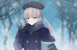 Rule 34 | 1boy, bare tree, beret, blurry, blurry background, blurry foreground, brown hair, buttons, captain nemo (fate), coat, cup, disposable cup, double-breasted, fate/grand order, fate (series), gloves, green eyes, hand up, hat, highres, holding, holding cup, kotake 8, long hair, long sleeves, looking at viewer, low ponytail, male focus, nemo (fate), outdoors, reaching, reaching towards viewer, scarf, smile, snowflakes, snowing, solo, tree, upper body, very long hair