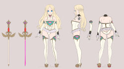 Rule 34 | 1girl, arms at sides, ass, blonde hair, blue eyes, bow, bowtie, braid, breasts, cleavage, concept art, contrapposto, elbow gloves, enkyo yuuichirou, french braid, frilled leotard, frills, gloves, grey background, high heels, highres, large breasts, leotard, looking at viewer, multiple views, original, simple background, smile, sword, thighhighs, weapon, white bow, white gloves, white leotard, white neckwear, white thighhighs