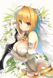 Rule 34 | &gt;:), 10s, 1girl, aestus estus, ahoge, bare shoulders, belt, blonde hair, breasts, cleavage, commentary request, easter lily, fate/extra, fate/extra ccc, fate (series), flower, green eyes, hair flower, hair intakes, hair ornament, highres, holding, holding sword, holding weapon, jazztaki, leotard, lily (flower), lock, looking at viewer, nero claudius (bride) (fate), nero claudius (bride) (second ascension) (fate), nero claudius (fate), nero claudius (fate) (all), padlock, simple background, smile, solo, sword, v-shaped eyebrows, veil, weapon, white background, white leotard, zipper