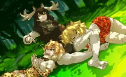 Rule 34 | 10s, 3girls, animal ears, antlers, black hair, blonde hair, bow, bowtie, elbow gloves, feet, forest, fur collar, gloves, hair between eyes, highres, horns, jaguar (kemono friends), jaguar ears, kemono friends, lap pillow, lion (kemono friends), lion ears, long hair, long sleeves, moose (kemono friends), moose ears, multicolored hair, multiple girls, nature, no shoes, open mouth, pantyhose, pleated skirt, scarf, shirt, short hair, short sleeves, skirt, sleeping, soles, tail, thighhighs, wokue