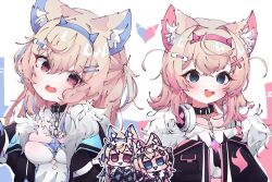 Rule 34 | 2girls, animal ear fluff, animal ears, belt collar, black collar, black jacket, blonde hair, blue eyes, blue hair, breasts, collar, cropped jacket, cropped shirt, dog ears, dog girl, fur-trimmed jacket, fur trim, fuwamoco, fuwawa abyssgard, fuwawa abyssgard (1st costume), hair ornament, hairpin, headphones, headphones around neck, highres, hololive, hololive english, jacket, koyoinacho, large breasts, long hair, medium hair, mococo abyssgard, mococo abyssgard (1st costume), multicolored hair, multiple girls, open mouth, pink eyes, pink hair, shirt, siblings, sisters, small breasts, smile, streaked hair, teeth, twins, upper teeth only, virtual youtuber, white shirt, x hair ornament