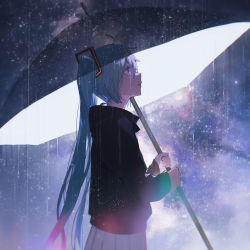 Rule 34 | 1girl, black hoodie, blue eyes, blue hair, blurry, blurry background, depth of field, double exposure, expressionless, eyelashes, flat chest, from side, half-closed eyes, hatsune miku, highres, holding, holding umbrella, hood, hood down, hoodie, konya karasue, light, light particles, looking afar, looking up, nebula, night, night sky, parted lips, pleated skirt, profile, rain, shaded face, skirt, sky, solo, star (sky), starry sky, straight hair, transparent, transparent umbrella, twintails, umbrella, upper body, vocaloid