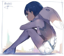 Rule 34 | 10s, 1girl, arm rest, blurry, blurry background, blush, bodysuit, braid, breasts, closed mouth, darling in the franxx, from side, full body, hair ornament, hairclip, hand on own arm, highres, ichigo (darling in the franxx), isshiki (ffmania7), knees up, looking at viewer, looking to the side, profile, short hair, sideways glance, signature, sitting, skin tight, small breasts, solo, spine, twin braids, white bodysuit