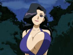 Rule 34 | 1girl, animated, animated gif, bare shoulders, black hair, bouncing breasts, breasts, chopsticks, cleavage, dokkoida, dress, forest, huge breasts, light smile, lipstick, long hair, looking at viewer, makeup, nature, no bra, outdoors, purple hair, sky, sleeveless, smile, tree, upper body, wavy hair, yurine sayuri