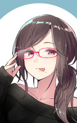 Rule 34 | 1girl, :p, adjusting eyewear, brown hair, glasses, highres, licking lips, long hair, long sleeves, looking at viewer, mole, mole under mouth, ninnzinn, off shoulder, portrait, red-framed eyewear, red eyes, side ponytail, simple background, sleeves past wrists, smug, solo, sweater, swept bangs, tareme, tongue, tongue out