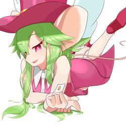 Rule 34 | 1girl, animal ears, blush stickers, breasts, green hair, hat, highres, leotard, mad rat dead, mouse (animal), mouse ears, mouse girl, mouse tail, necktie, nippon ichi, rat god, red eyes, tail, top hat, wings, wrist cuffs