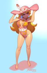 Rule 34 | 1girl, bad id, bad tumblr id, barefoot, blonde hair, blue background, blue eyes, breasts, center opening, contrapposto, curvy, earrings, feet, full body, hat, highleg, highleg swimsuit, jewelry, long hair, looking at viewer, mario (series), necklace, nintendo, one-piece swimsuit, one eye closed, princess peach, robaato, simple background, smile, solo, standing, swimsuit, tan, tanline, thighs