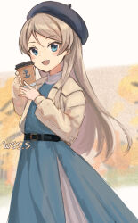 Rule 34 | 1girl, artist name, belt, beret, black belt, black hat, blonde hair, blue dress, blue eyes, blush, coffee cup, cup, disposable cup, dress, hat, holding, holding cup, jacket, javelin (kancolle), kantai collection, long hair, official alternate costume, open clothes, open jacket, open mouth, signature, smile, solo, wss (nicoseiga19993411), yellow jacket