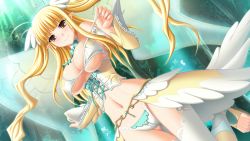Rule 34 | 1girl, blonde hair, breasts, cameltoe, cleavage, corset, detached sleeves, elf, eushully, game cg, hair ornament, huge breasts, kamidori alchemy meister, long hair, midriff, navel, outdoors, panties, pointy ears, seravaruwi endoosu, skirt, solo, thighhighs, twintails, underwear, undressing, white thighhighs