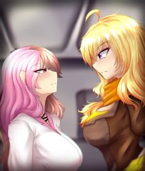 Rule 34 | 2girls, blush, breasts, large breasts, long hair, looking at another, multicolored hair, multiple girls, neo politan, rwby, scarf, split-color hair, yang xiao long, z666ful