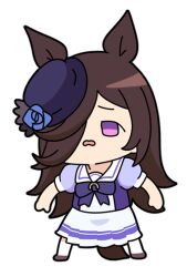 Rule 34 | 1girl, animal ears, blue flower, blue hat, blue rose, bow, brown footwear, brown hair, chibi, commission, flower, full body, hair over one eye, hat, hat flower, horse ears, horse girl, horse tail, long hair, nyaru (nyaru 4126), open mouth, pleated skirt, puffy short sleeves, puffy sleeves, purple bow, purple eyes, purple shirt, rice shower (umamusume), rose, school uniform, shirt, shoes, short sleeves, simple background, skeb commission, skirt, solo, tail, thighhighs, tilted headwear, tracen school uniform, umamusume, very long hair, wavy mouth, white background, white skirt, white thighhighs