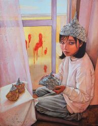 Rule 34 | 1girl, absurdres, acrylic paint (medium), balcony, black eyes, black hair, commentary request, curtains, cushion, expressionless, foil, full body, grey pants, hat, highres, holding, holding clothes, holding hat, indoors, looking at viewer, original, paint stains, painting (medium), pants, realistic, satou t, seiza, short hair, sitting, sky, sliding doors, solo, stuffed animal, stuffed bird, stuffed toy, sweater, tinfoil hat, traditional media, white sweater, zabuton
