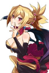 Rule 34 | 1girl, bare shoulders, black dress, black sleeves, blonde hair, breasts, bright pupils, brooch, cleavage, closed mouth, commentary request, demon girl, demon wings, detached sleeves, disgaea, dress, earrings, frilled dress, frills, hair ornament, highres, hotate-chan, jewelry, large breasts, long dress, looking at viewer, makai senki disgaea 2, pointy ears, pointy hair, red eyes, rozalin, sash, short hair, simple background, smile, solo, standing, strapless, strapless dress, v-shaped eyebrows, white background, white pupils, wings