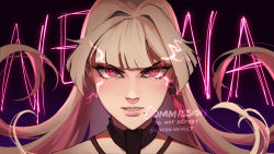 Rule 34 | 1girl, blonde hair, blunt bangs, character name, commentary, commission, earrings, english commentary, highres, jewelry, lividkiwi, long hair, looking at viewer, makurano neena, mole, mole under mouth, parted lips, pink eyes, portrait, production kawaii, single earring, solo, straight-on, tassel, tassel earrings, twitter username, virtual youtuber, watermark