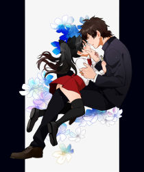 Rule 34 | 1boy, 1girl, aged down, bad id, bad pixiv id, black hair, black thighhighs, blue eyes, brown hair, cheek squash, child, command spell, cross, cross necklace, fate/zero, fate (series), flower, hair ribbon, jewelry, kotomine kirei, long hair, necklace, pillarboxed, polynosic, ribbon, thighhighs, tohsaka rin, twintails