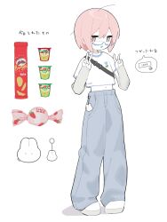 Rule 34 | 1girl, absurdres, baggy pants, blush, buckle, candy, commentary request, denim, detached sleeves, double v, full body, glasses, grey sleeves, hands up, highres, jagariko, jeans, jitome, looking at viewer, loose hair strand, midriff, myomuron, navel, open mouth, original, pants, pink eyes, pink hair, pringles, pringles can, rabbit charm, raised eyebrows, shirt, shoes, short hair, short sleeves, shoulder strap, simple background, smile, snap-fit buckle, solo, standing, translation request, v, white background, white footwear, white shirt, wrapped candy