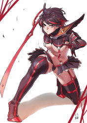 Rule 34 | 1girl, absurdres, bad id, bad pixiv id, black footwear, black hair, black shirt, black skirt, boots, breasts, closed mouth, crop top, gloves, high heels, highres, holding, holding sword, holding weapon, jinlin, kill la kill, matoi ryuuko, medium breasts, miniskirt, multicolored hair, navel, red eyes, red hair, revealing clothes, scissor blade (kill la kill), senketsu, shirt, short hair, showgirl skirt, simple background, skirt, solo, stance, streaked hair, suspenders, sword, thigh boots, thighhighs, two-tone hair, underboob, weapon, white background
