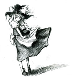 Rule 34 | 1girl, bad id, bad pixiv id, bow, clothes tug, female focus, greyscale, hair bow, hat, kasa (hitori sanka), kirisame marisa, looking back, monochrome, smile, solo, touhou, traditional media, wind, witch, witch hat