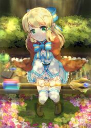 Rule 34 | 1girl, absurdres, blonde hair, blue bow, blue dress, boots, bow, breasts, brown footwear, cleavage, cloak, closed mouth, commentary request, dress, flower, frilled cloak, frilled dress, frills, from above, full body, green eyes, hair ornament, head tilt, highres, holding, holding staff, long hair, looking at viewer, medium breasts, original, pink flower, pointy ears, purple flower, red cloak, sitting, smile, solo, staff, thighhighs, thighhighs under boots, white flower, white thighhighs, x hair ornament, yellow flower, yuya090602