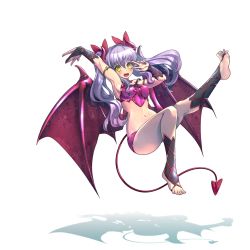 Rule 34 | 1girl, action taimanin, alternate costume, armor, artist request, ass, bare legs, bare shoulders, barefoot, bat wings, blush, blush stickers, breastplate, breasts, bridal gauntlets, curvy, demon girl, earrings, fang, flying, full body, happy, jewelry, lilim (taimanin asagi battle arena), lilith-soft, long hair, looking at viewer, medium breasts, navel, open mouth, short shorts, shorts, smile, taimanin (series), taimanin asagi, taimanin rpgx, thighs, toes, twintails, v, wide hips, wings