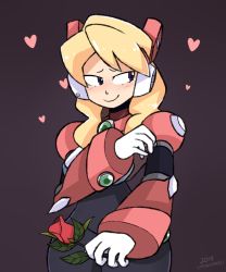 Rule 34 | 1girl, 2018, alia (mega man), android, blonde hair, blush, capcom, dated, embarrassed, flower, fluffyzx, gloves, headgear, heart, holding, holding flower, holding rose, long hair, looking to the side, mega man (series), mega man x (series), rose, simple background, smile, solo, valentine, white gloves, wide hips