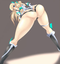 Rule 34 | 1girl, angela balzac, ass, bare shoulders, bent over, blonde hair, blue eyes, blush, bodysuit, breasts, elbow gloves, from behind, gloves, hanging breasts, headgear, highres, leaning, leaning forward, leotard, long hair, looking at viewer, looking back, low twintails, rakuen tsuihou, solo, somasu, thigh strap, thong, thong leotard, twintails