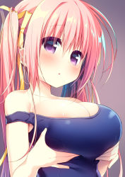 Rule 34 | 1girl, :o, areola slip, bare shoulders, blue one-piece swimsuit, blush, breast lift, breasts, brown background, cleavage, collarbone, fingernails, hair between eyes, hair ribbon, hanamiya natsuka, hands up, large breasts, long hair, looking away, one-piece swimsuit, original, parted lips, pink hair, purple eyes, ribbon, school swimsuit, sidelocks, simple background, solo, strap slip, swimsuit, twintails, upper body, very long hair, yellow ribbon