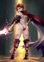 Rule 34 | 1girl, absurdres, armor, armored boots, ass, back, bad id, bad pixiv id, bare shoulders, black knight (granblue fantasy), black knight (granblue fantasy) (cosplay), boots, breasts, brown hair, cape, cosplay, curvy, female focus, granblue fantasy, green eyes, hand on own hip, highres, hip focus, holding, holding weapon, idolmaster, idolmaster cinderella girls, kiba manami, large breasts, legs, leotard, looking at viewer, looking back, okoge (kogekaki), parted lips, short hair, solo, standing, sword, thighhighs, thighs, torn clothes, torn thighhighs, weapon