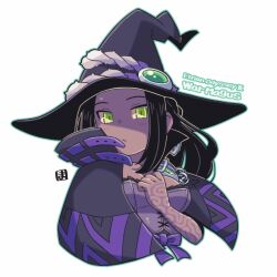 Rule 34 | 1girl, bad id, bad twitter id, black capelet, black hair, black hat, breasts, capelet, cleavage, closed mouth, commentary request, cropped torso, dark-skinned female, dark skin, doctor magus, etrian odyssey, green eyes, green outline, hand up, hat, long hair, looking at viewer, mawaru (mawaru), medium breasts, outline, parted bangs, sekaiju no meikyuu, sekaiju no meikyuu 2, simple background, solo, thorns, upper body, white background, witch hat