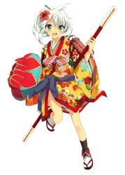 Rule 34 | 1girl, :d, armor, blue eyes, blush, fang, floral print, flower, full body, hair flower, hair ornament, hairclip, hibiscus, holding, holding weapon, japanese armor, japanese clothes, kimono, leg up, looking at viewer, official art, open mouth, personification, polearm, ponytail, rod, sandals, shirohime quest, short hair, shoulder armor, shuri (shirohime quest), smile, socks, sode, solo, staff, standing, standing on one leg, tabi, transparent background, weapon, white hair, white socks