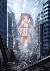 Rule 34 | 10s, 1girl, bikini, brown eyes, brown hair, building, car, destruction, flat chest, giant, giantess, girls und panzer, grin, hands on own hips, kadotani anzu, long hair, motor vehicle, navel, red bikini, smile, solo, standing, swimsuit, toned, twintails, yilx